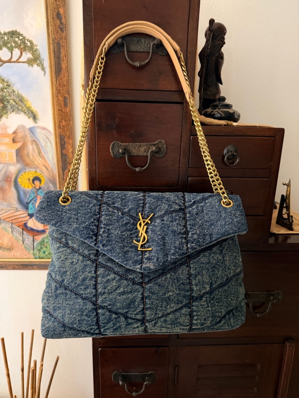 New Saint Laurent Quilted Denim Shoulder Bag in Blue with Gold  Faux